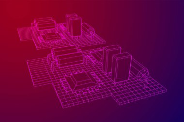 Devre kartı. Elektronik bilgisayar parçaları ana kart. Yarı iletken mikroçip, diyot. Donanım parçaları. Kablo çerçevesi düşük poli ağ vektör çizimi.