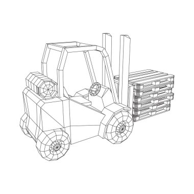 Depo için yük paleti taşıyan forklift yük kamyonu. Lojistik nakliye konsepti. Kablo çerçevesi düşük poli ağ vektör çizimi.