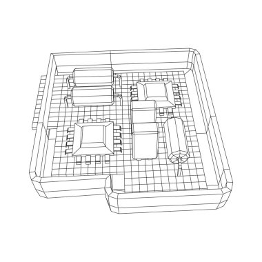 Her ihtimale karşı devre kartı. Elektronik bilgisayar parçaları ana kart. Yarı iletken mikroçip, diyot. Donanım parçaları. Kablo çerçevesi düşük poli ağ vektör çizimi.