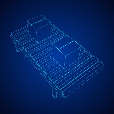 Paketli taşıma bandı bölümü. Fabrika üretim ekipmanları. Kablo çerçevesi düşük poli ağ vektör çizimi
