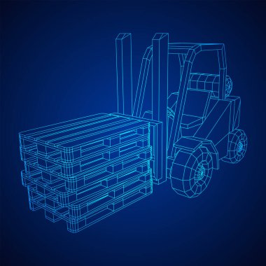 Depo için yük paleti taşıyan forklift yük kamyonu. Lojistik nakliye konsepti. Kablo çerçevesi düşük poli ağ vektör çizimi.