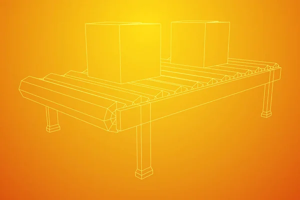 Transportband Avsnitt Med Förpackning Lådor Fabrikens Produktionsutrustning Wireframe Låg Poly — Stock vektor