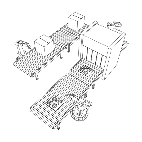 Роботизированная Рука Производящая Технологию Сборочного Производства Регулярный Роликовый Конвейер Платами — стоковый вектор