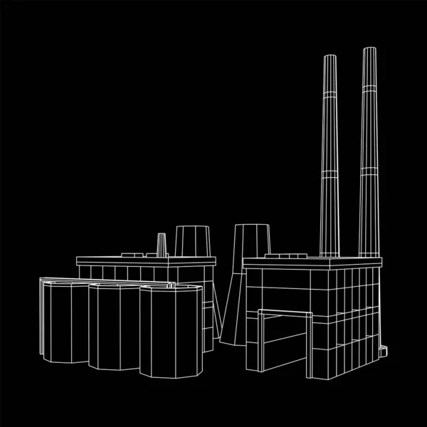 Industriegebäude Factorie Factorie Facility Kraftwerk Illustration Eines Drahtgittervektors Mit Niedrigem — Stockvektor