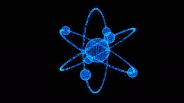 Atomun çekirdeği ve yörüngelerinde dönen elektronları olan gezegen modeli. Nükleer nano teknoloji. Kablo çerçevesi düşük polimetik ağ teknolojisi. 4K FullHD ve HD videolarda kullanılabilir