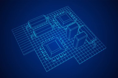 Devre kartı. Elektronik bilgisayar parçaları ana kart. Yarı iletken mikroçip, diyot. Donanım parçaları. Kablo çerçevesi düşük poli ağ vektör çizimi.
