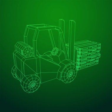 Depo için yük paleti taşıyan forklift yük kamyonu. Lojistik nakliye konsepti. Kablo çerçevesi düşük poli ağ vektör çizimi.
