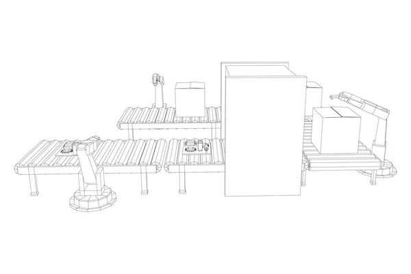 Роботизированная Рука Производящая Технологию Сборочного Производства Регулярный Роликовый Конвейер Платами — стоковый вектор