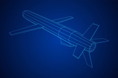 Uçan süpersonik kruz füzesi. Kablo çerçevesi düşük poli ağ vektör çizimi