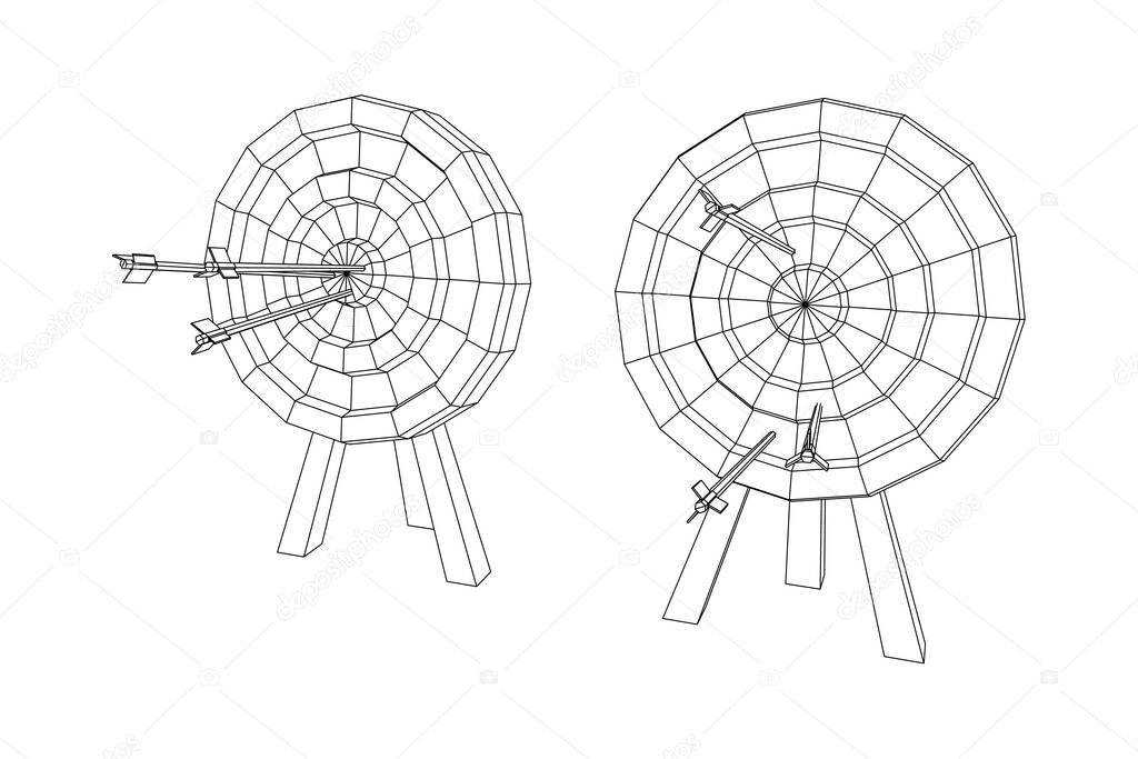Archery target. Arrows hit round target goal concept. Wireframe low poly mesh vector illustration