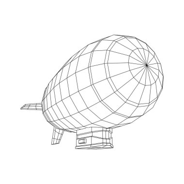 Zeplin hava yolu taşımacılığı. Gondol kabini olan bir hava gemisi. Kablo çerçevesi düşük poli ağ vektör çizimi.