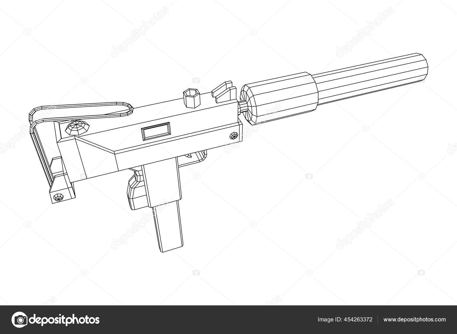 Pistola subametralladora moderna con silenciador vector, gráfico
