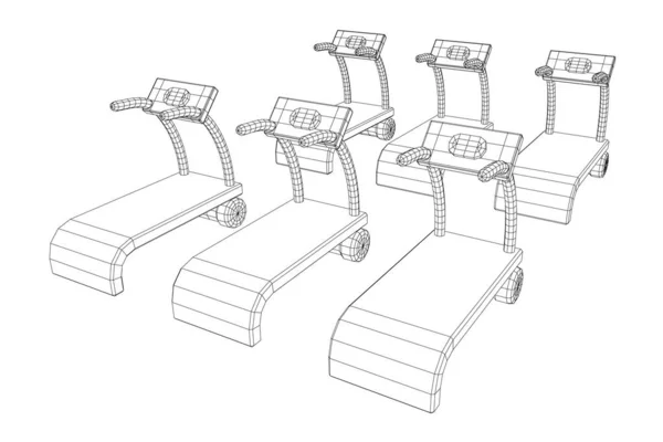 Máquina de cinta. Gimnasio y aparatos de fitness. Malla de polietileno baja Wireframe — Vector de stock