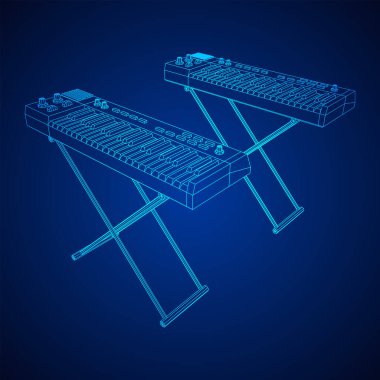 Piyano rulo analog sentezleyici faders düğme düğmeleri. Kablo çerçevesi düşük poli ağ