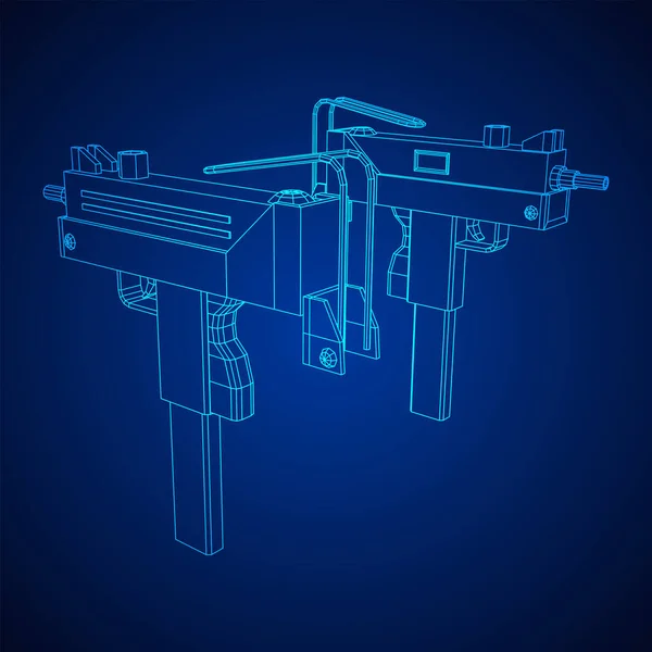 Submachine gun modern firearms pistol. Wireframe low poly mesh — Stock Vector