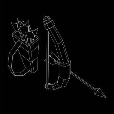 Ortaçağ yayı ve okçu silahı. Kablo çerçevesi düşük poli ağ