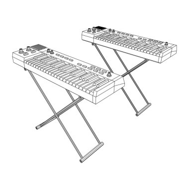 Piyano rulo analog sentezleyici faders düğme düğmeleri. Kablo çerçevesi düşük poli ağ