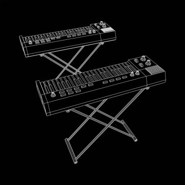 Piano roll analog synthesizer faders buttons knobs. Wireframe low poly mesh