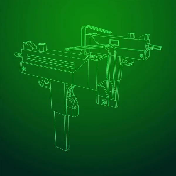 Pistola subametralladora moderna. Malla de polietileno baja Wireframe — Vector de stock