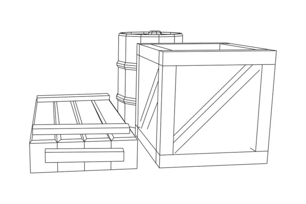 Suministros concepto de carga. Montones de cajas y barriles. Malla de polietileno baja Wireframe — Vector de stock