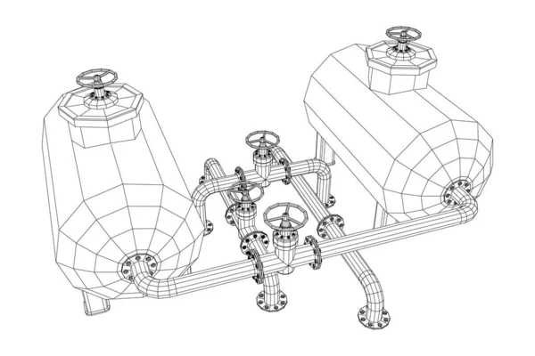 Бак для хранения легковоспламеняющихся материалов и трубопровода с клапаном — стоковый вектор