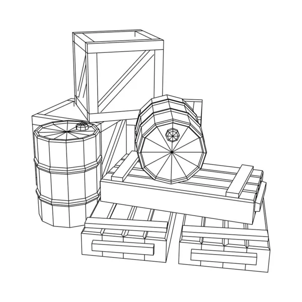 Dodává náklad. Hromádky krabic a sudů. Wireframe low poly mesh — Stockový vektor