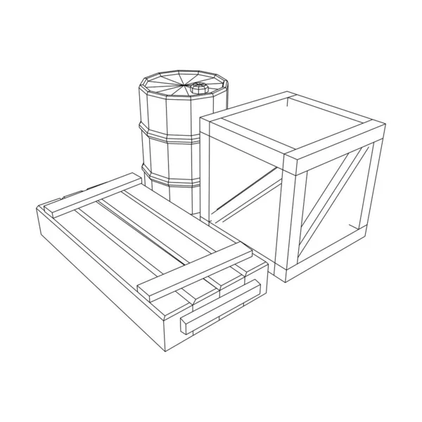 Fournitures concept de fret. Boîtes à piles et barils. Treillis métallique bas poly mesh — Image vectorielle