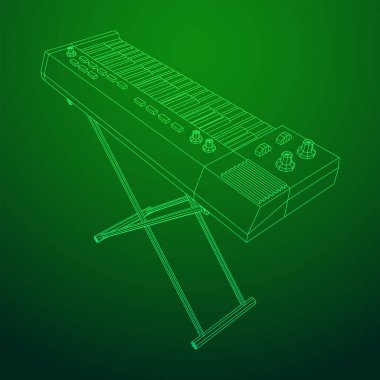 Piyano rulo analog sentezleyici faders düğme düğmeleri. Kablo çerçevesi düşük poli ağ