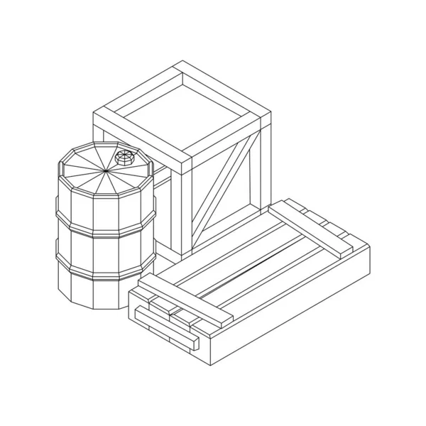 Dodává náklad. Hromádky krabic a sudů. Wireframe low poly mesh — Stockový vektor