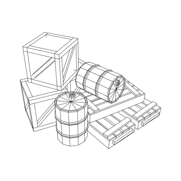 Fornece conceito de carga. Caixas e barris. Wireframe baixa malha poli — Vetor de Stock