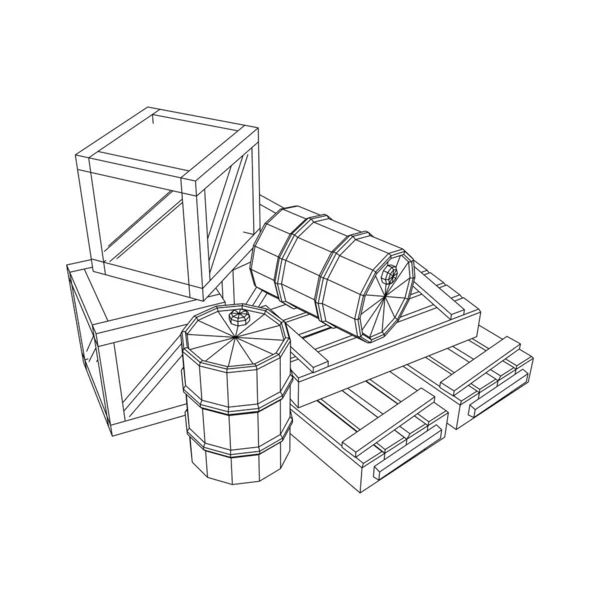 Kargo konsepti sağlıyor. Yığın kutuları ve fıçılar. Kablo çerçevesi düşük poli ağ — Stok Vektör