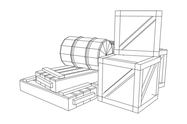 Dodává náklad. Hromádky krabic a sudů. Wireframe low poly mesh — Stockový vektor