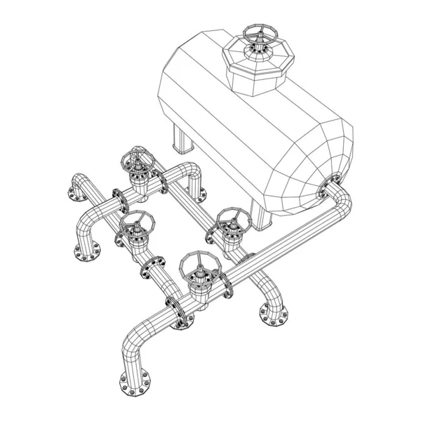 Tanque de óleo para armazenamento de materiais inflamáveis e tubulação com válvula —  Vetores de Stock