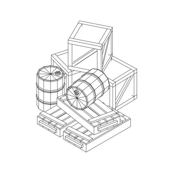Suministros concepto de carga. Montones de cajas y barriles. Malla de polietileno baja Wireframe — Archivo Imágenes Vectoriales