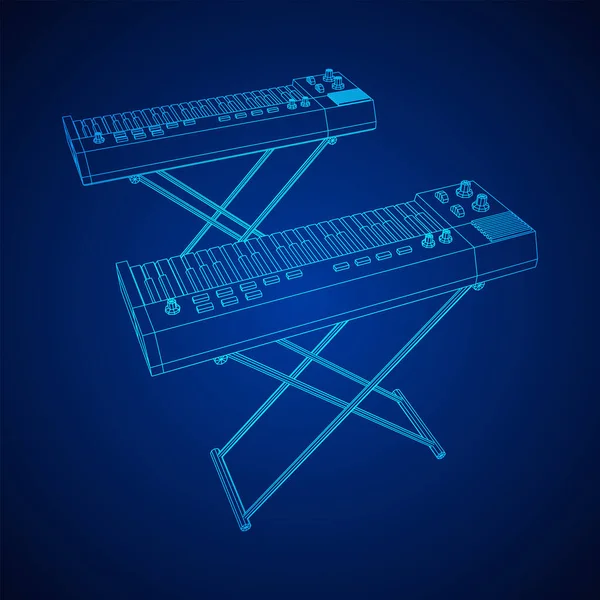 Piano roll analoga synthesizer faders knappar knoppar. Wireframe låg poly mesh — Stock vektor