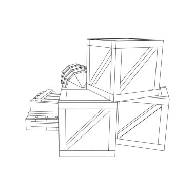 Kargo konsepti sağlıyor. Yığın kutuları ve fıçılar. Kablo çerçevesi düşük poli ağ