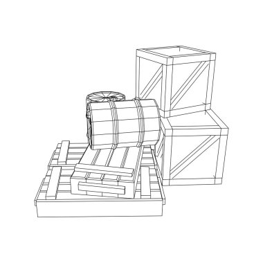 Kargo konsepti sağlıyor. Yığın kutuları ve fıçılar. Kablo çerçevesi düşük poli ağ