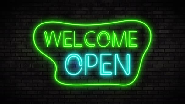 Welcome Open Neon Light on Brick Wall. Night Club Bar Blinking Neon Sign —  Stock Video © newb1 #480574680