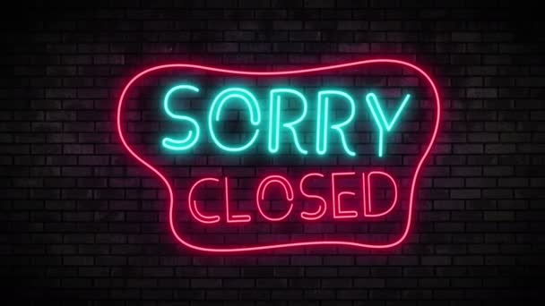 Przepraszam Zamknięte Neonowe Światło na Brick Wall. Bar nocny Migający Neon Sign — Wideo stockowe