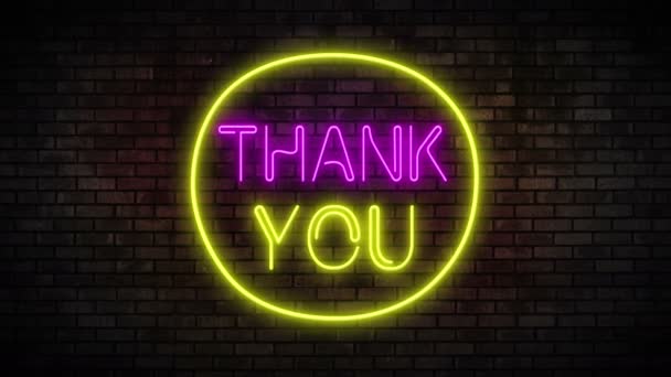 Obrigado Neon Light on Brick Wall. Noite Club Bar Blinking Sinal de néon — Vídeo de Stock