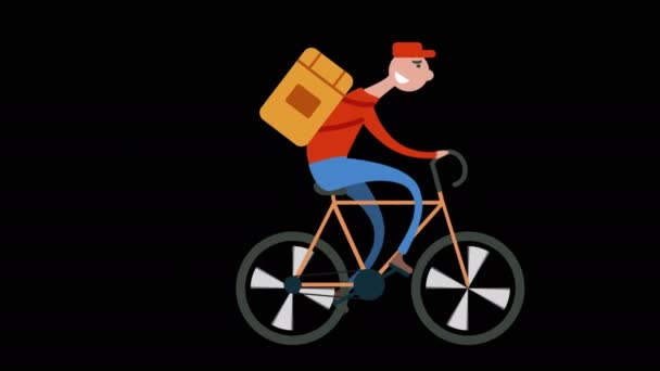 Курьер по доставке велосипедов с посылкой на спине — стоковое видео