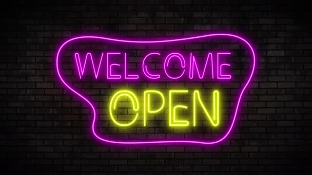 Witamy Open Neon Light na ścianie z cegły. Bar nocny Migający Neon Sign — Wideo stockowe