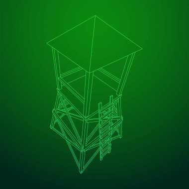 Gözetleme kulesi veya avcılar için gözlem kulesi. Kablo çerçevesi düşük poli ağ