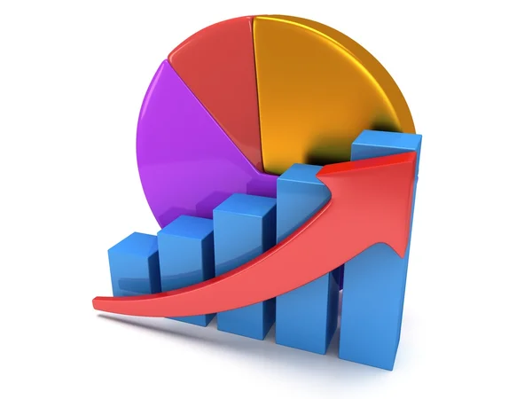 Gráfico de barras con flecha roja y gráfico circular — Foto de Stock