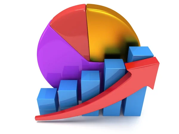 Bar graph with red arrow and pie chart — Stock Photo, Image