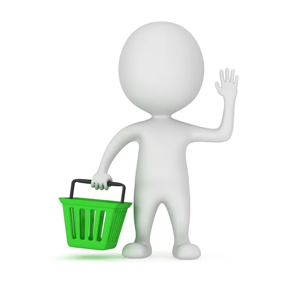 3D weißer Männerständer mit grünem Einkaufskorb — Stockfoto
