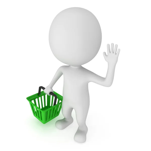 3d білий чоловік стоїть з зеленим кошиком магазину — стокове фото
