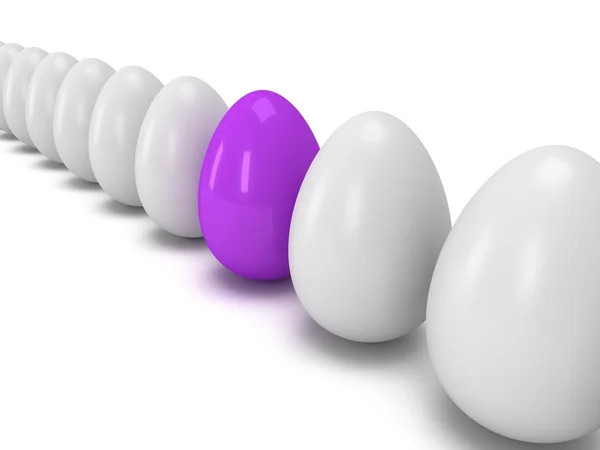 Uovo viola in fila delle uova bianche. 3D . — Foto Stock