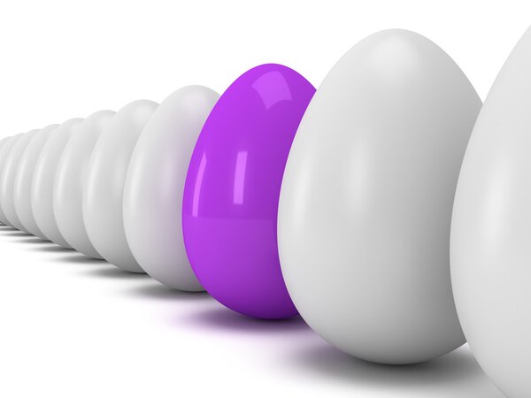 Purple egg in a row of the white eggs. 3D.