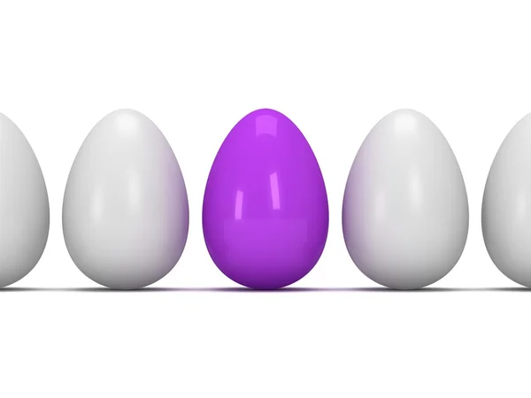 Purple egg in a row of the white eggs. 3D. — Stock Photo, Image